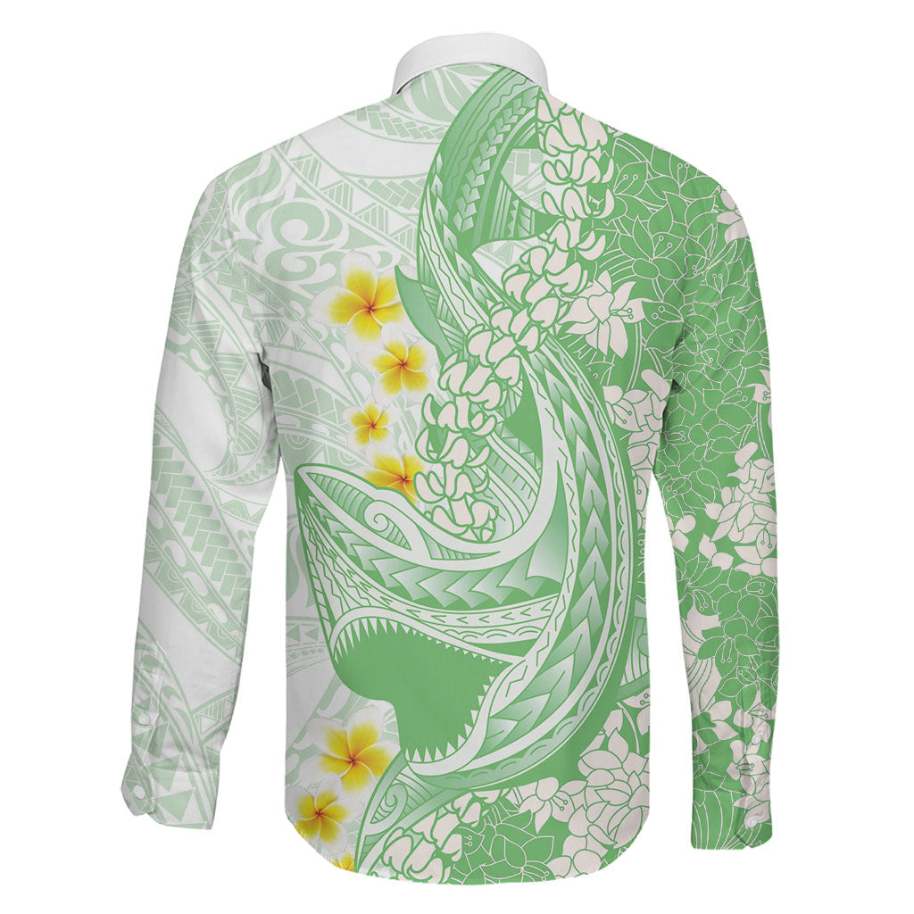 Green Hawaii Shark Tattoo Family Matching Off Shoulder Maxi Dress and Hawaiian Shirt Puakenikeni Lei Plumeria Polynesian Pattern LT14 - Polynesian Pride