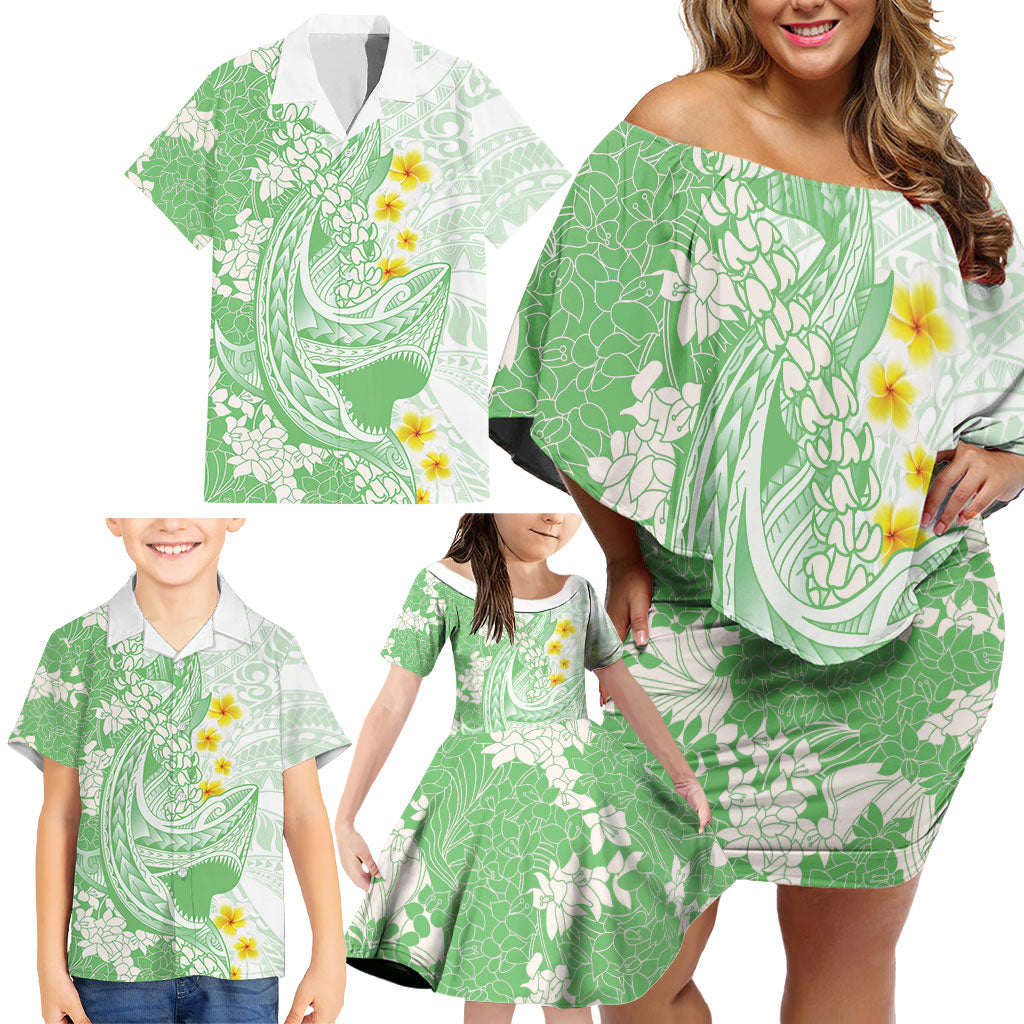 Green Hawaii Shark Tattoo Family Matching Off Shoulder Short Dress and Hawaiian Shirt Puakenikeni Lei Plumeria Polynesian Pattern LT14 - Polynesian Pride