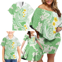 Green Hawaii Shark Tattoo Family Matching Off Shoulder Short Dress and Hawaiian Shirt Puakenikeni Lei Plumeria Polynesian Pattern LT14 - Polynesian Pride