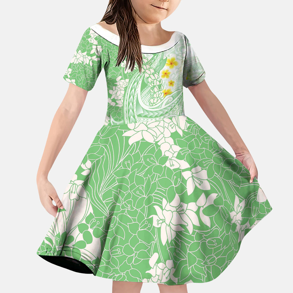 Green Hawaii Shark Tattoo Family Matching Puletasi and Hawaiian Shirt Puakenikeni Lei Plumeria Polynesian Pattern LT14 Daughter's Dress Green - Polynesian Pride