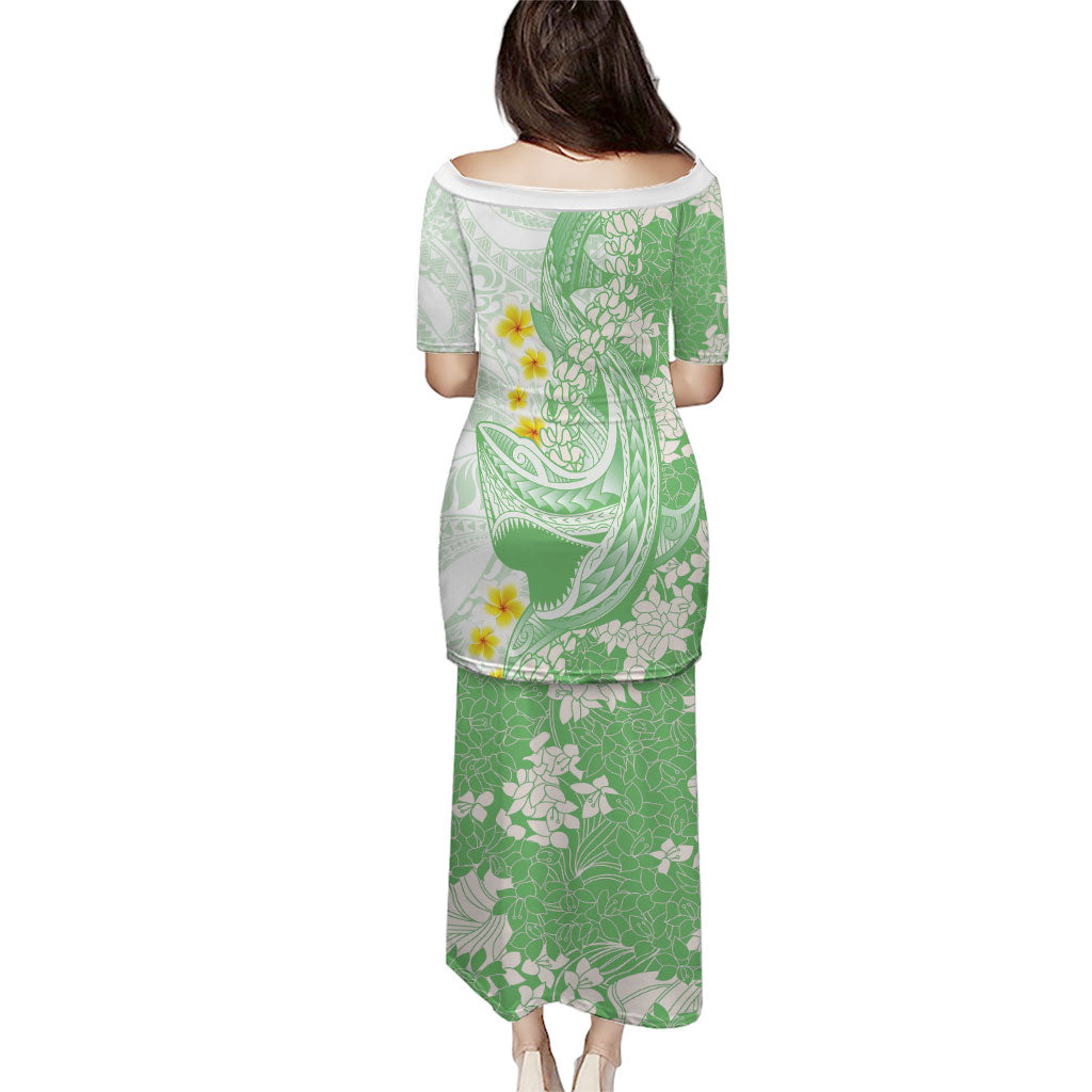 Green Hawaii Shark Tattoo Family Matching Puletasi and Hawaiian Shirt Puakenikeni Lei Plumeria Polynesian Pattern LT14 - Polynesian Pride