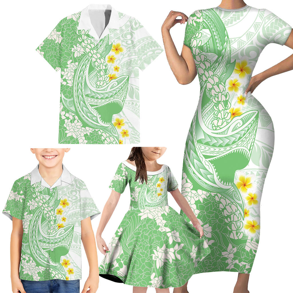 Green Hawaii Shark Tattoo Family Matching Short Sleeve Bodycon Dress and Hawaiian Shirt Puakenikeni Lei Plumeria Polynesian Pattern LT14 - Polynesian Pride