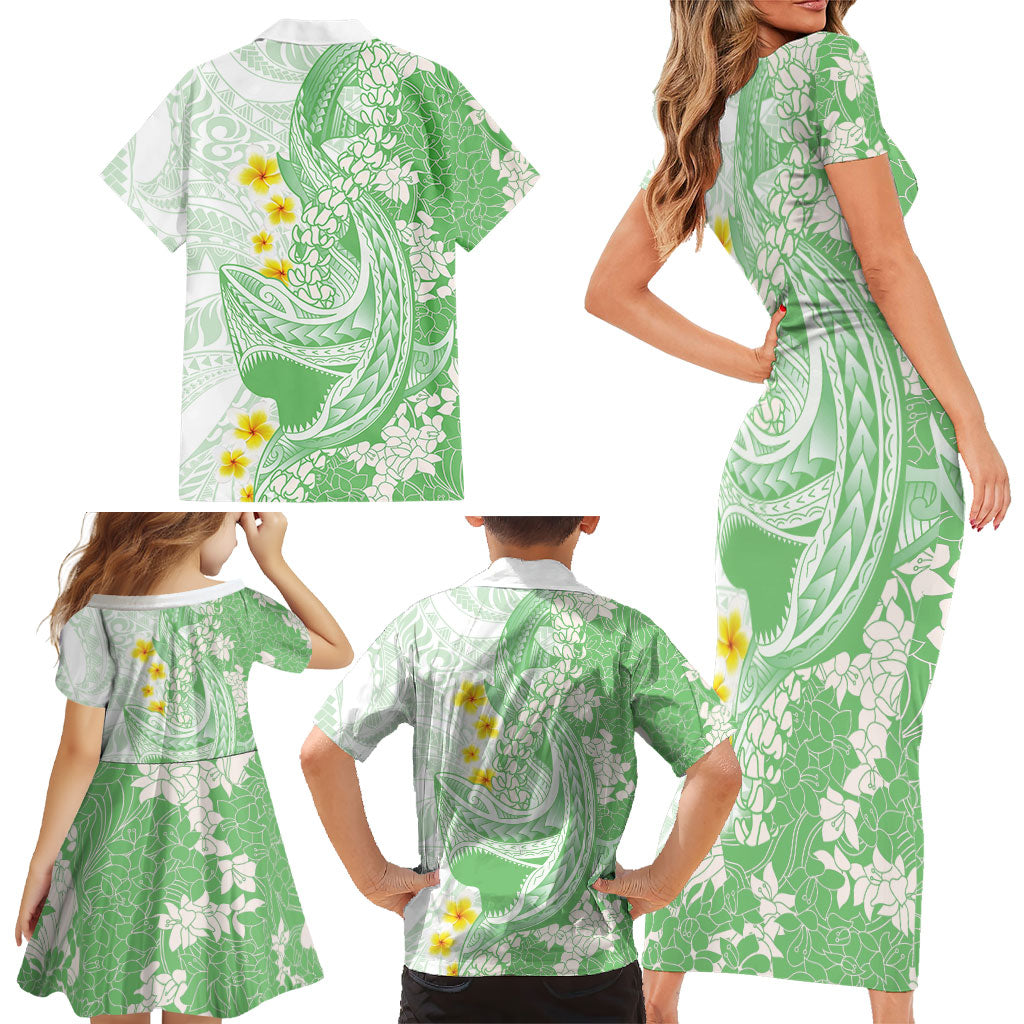 Green Hawaii Shark Tattoo Family Matching Short Sleeve Bodycon Dress and Hawaiian Shirt Puakenikeni Lei Plumeria Polynesian Pattern LT14 - Polynesian Pride
