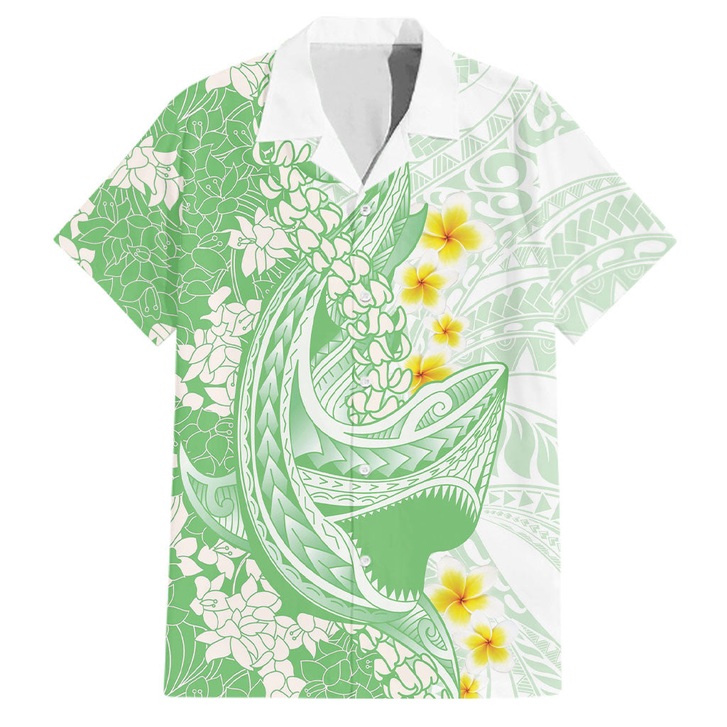 Green Hawaii Shark Tattoo Family Matching Short Sleeve Bodycon Dress and Hawaiian Shirt Puakenikeni Lei Plumeria Polynesian Pattern LT14 Dad's Shirt - Short Sleeve Green - Polynesian Pride