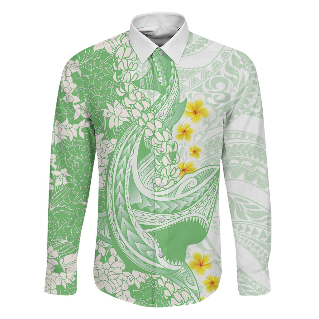 Green Hawaii Shark Tattoo Family Matching Summer Maxi Dress and Hawaiian Shirt Puakenikeni Lei Plumeria Polynesian Pattern LT14 Dad's Shirt - Long Sleeve Green - Polynesian Pride