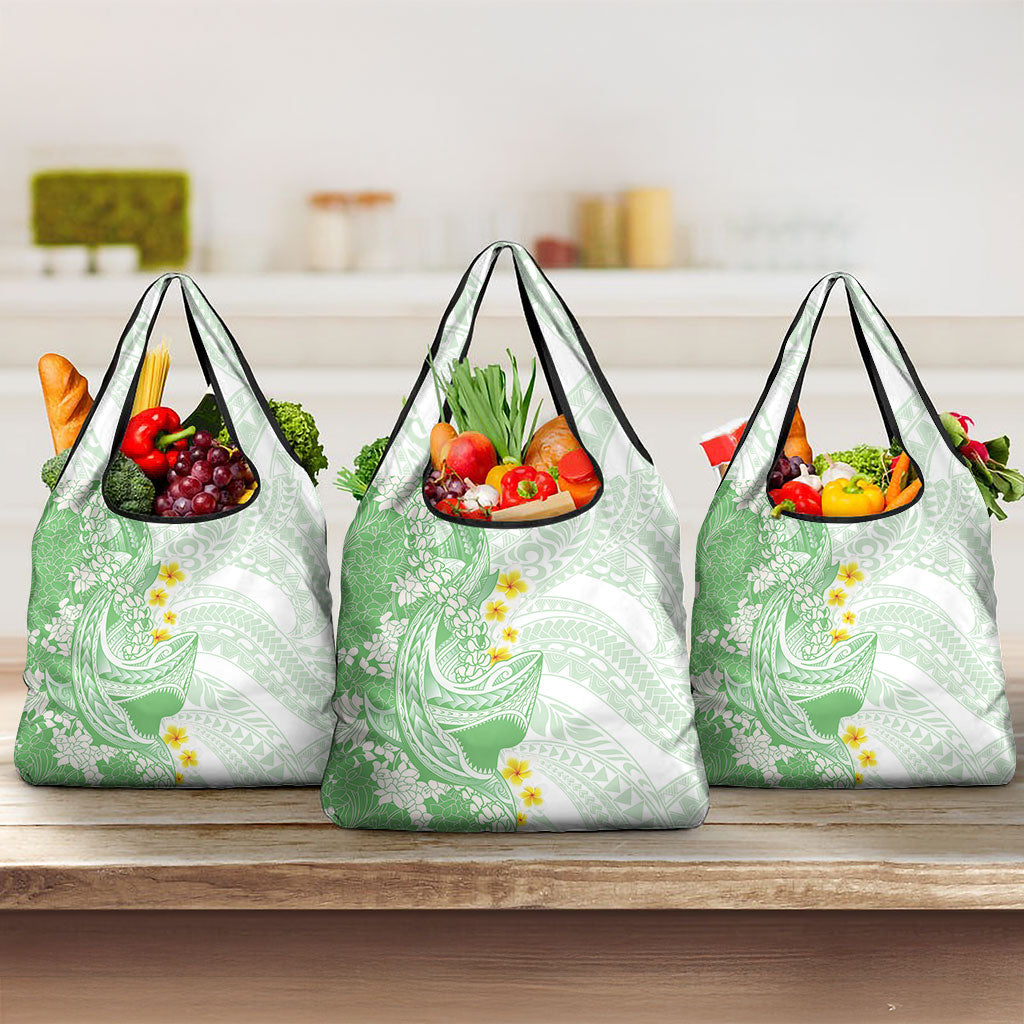 Green Hawaii Shark Tattoo Grocery Bag Puakenikeni Lei Plumeria Polynesian Pattern LT14 3-pack One Size Green - Polynesian Pride