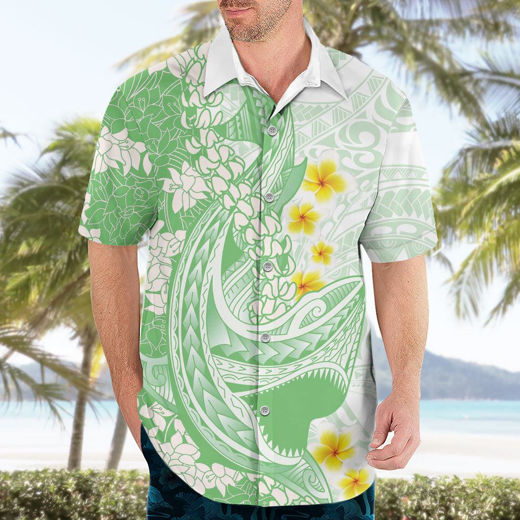 Green Hawaii Shark Tattoo Hawaiian Shirt Puakenikeni Lei Plumeria Polynesian Pattern