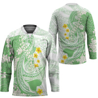 Green Hawaii Shark Tattoo Hockey Jersey Puakenikeni Lei Plumeria Polynesian Pattern