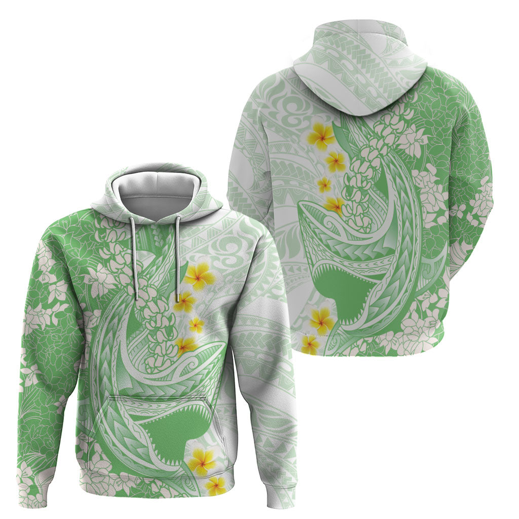 Green Hawaii Shark Tattoo Hoodie Puakenikeni Lei Plumeria Polynesian Pattern