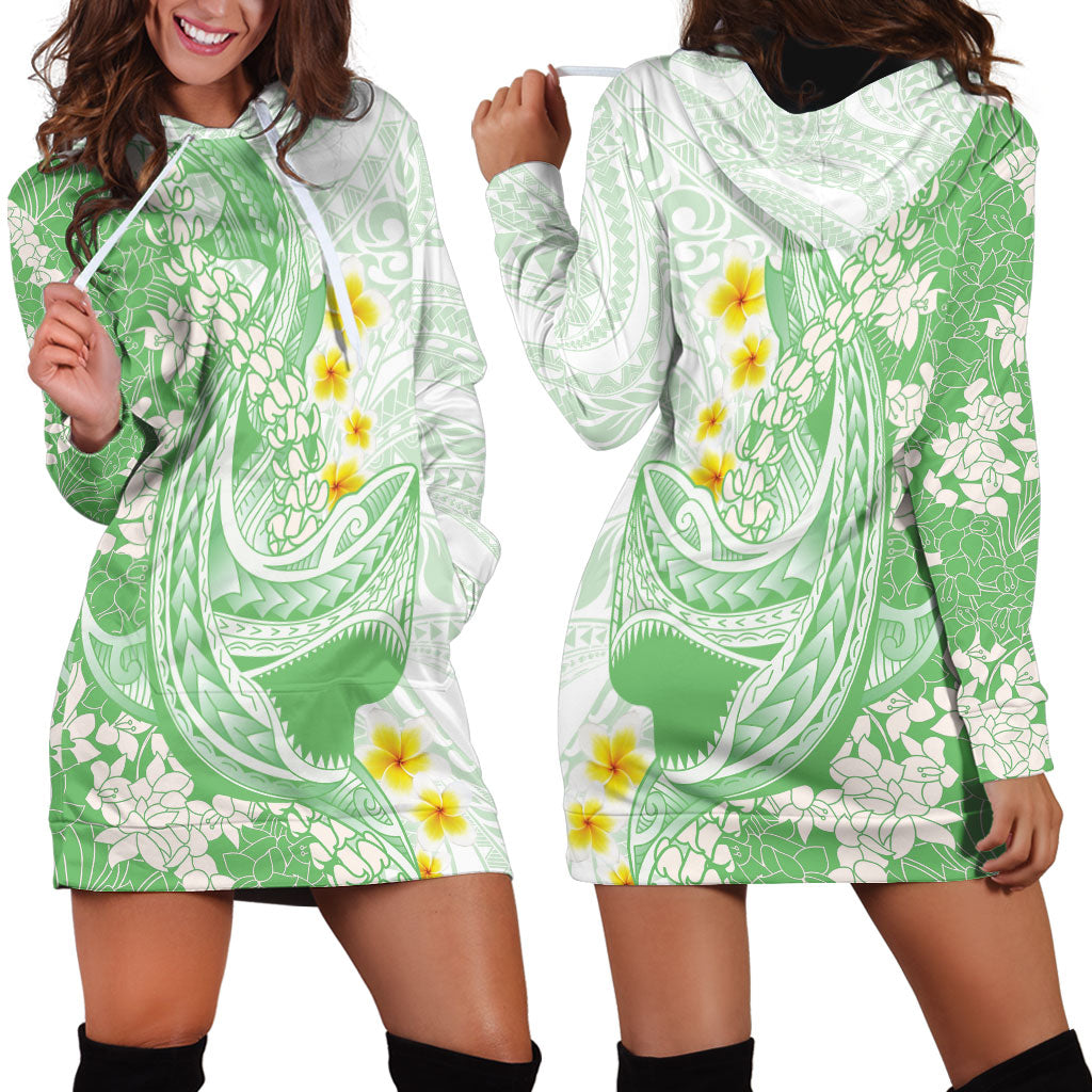 Green Hawaii Shark Tattoo Hoodie Dress Puakenikeni Lei Plumeria Polynesian Pattern