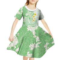 Green Hawaii Shark Tattoo Kid Short Sleeve Dress Puakenikeni Lei Plumeria Polynesian Pattern LT14 - Polynesian Pride