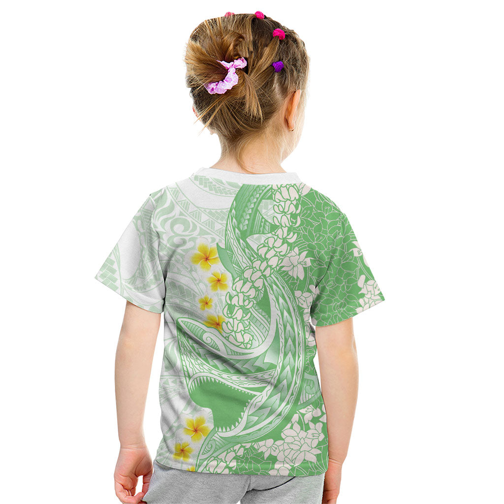 Green Hawaii Shark Tattoo Kid T Shirt Puakenikeni Lei Plumeria Polynesian Pattern
