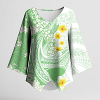 Green Hawaii Shark Tattoo Kimono Sleeve Blouse Puakenikeni Lei Plumeria Polynesian Pattern
