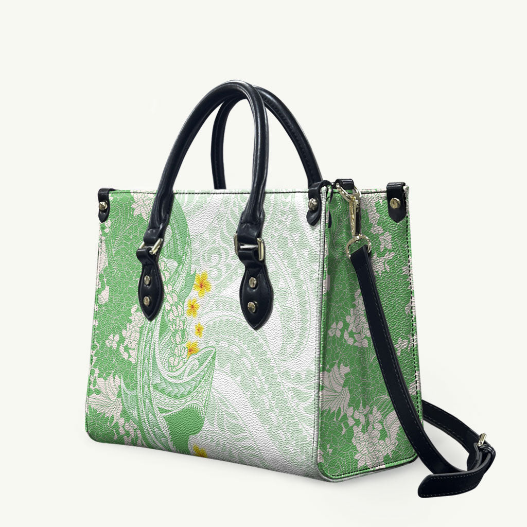 Green Hawaii Shark Tattoo Leather Bag Puakenikeni Lei Plumeria Polynesian Pattern