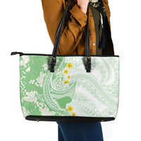 Green Hawaii Shark Tattoo Leather Tote Bag Puakenikeni Lei Plumeria Polynesian Pattern