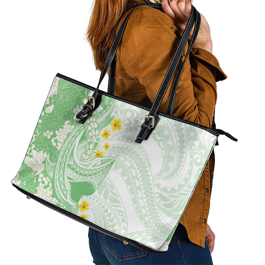 Green Hawaii Shark Tattoo Leather Tote Bag Puakenikeni Lei Plumeria Polynesian Pattern