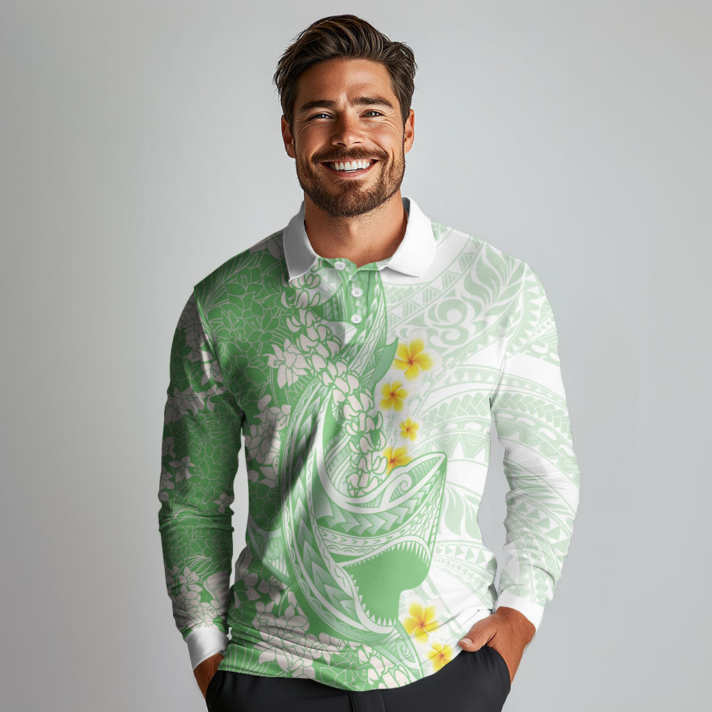 Green Hawaii Shark Tattoo Long Sleeve Polo Shirt Puakenikeni Lei Plumeria Polynesian Pattern LT14 - Polynesian Pride