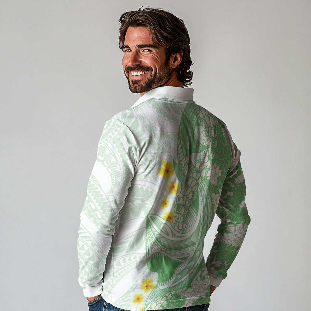 Green Hawaii Shark Tattoo Long Sleeve Polo Shirt Puakenikeni Lei Plumeria Polynesian Pattern LT14 - Polynesian Pride