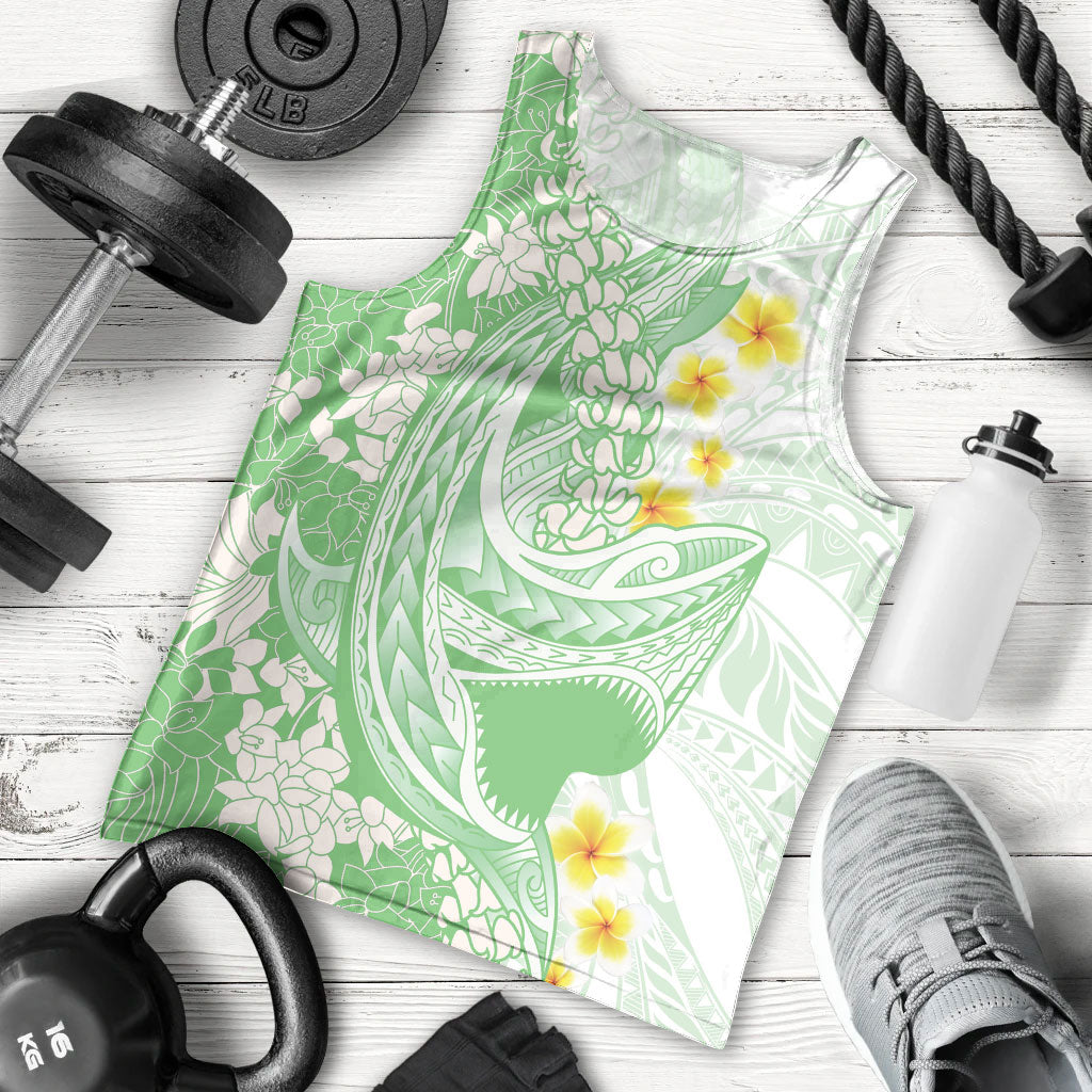 Green Hawaii Shark Tattoo Men Tank Top Puakenikeni Lei Plumeria Polynesian Pattern