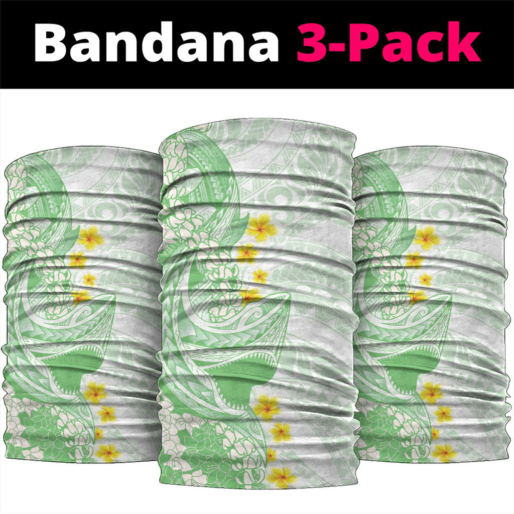 Green Hawaii Shark Tattoo Neck Gaiter Puakenikeni Lei Plumeria Polynesian Pattern