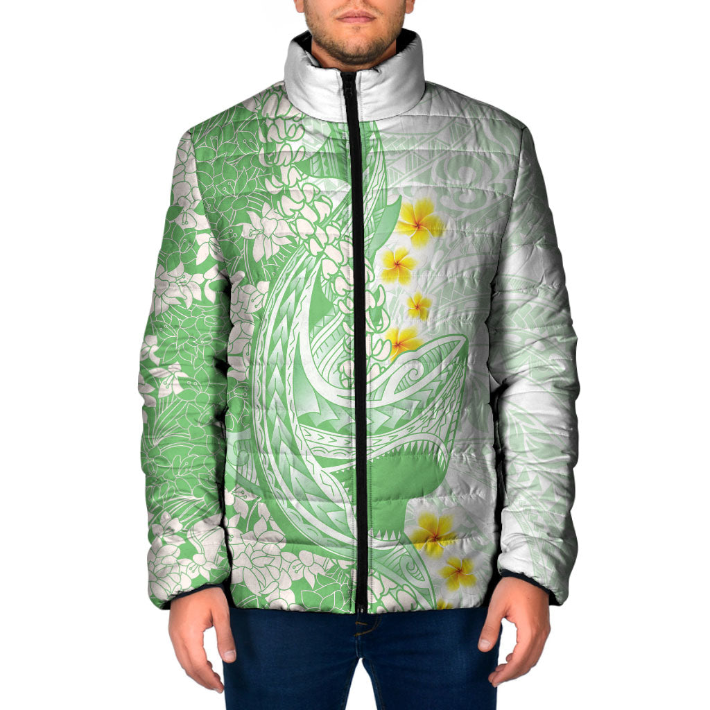 Green Hawaii Shark Tattoo Padded Jacket Puakenikeni Lei Plumeria Polynesian Pattern