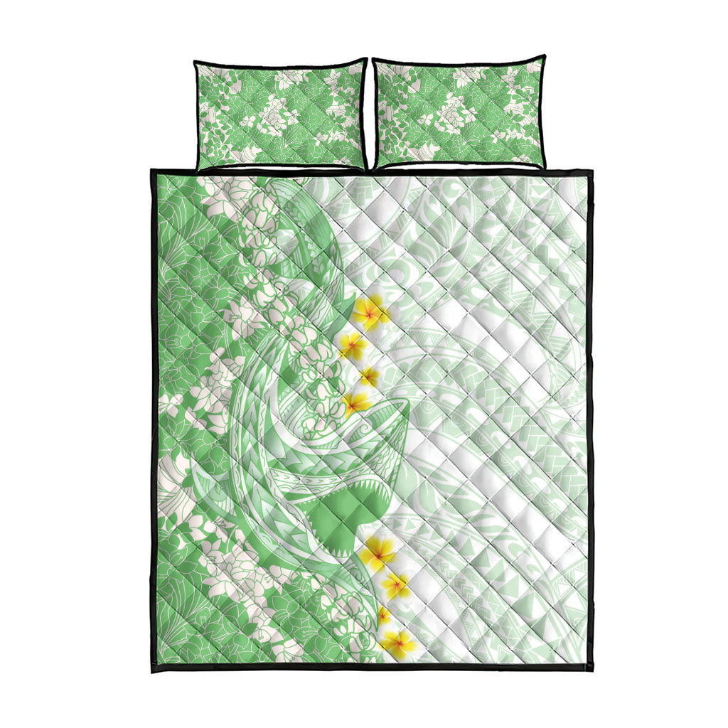 Green Hawaii Shark Tattoo Quilt Bed Set Puakenikeni Lei Plumeria Polynesian Pattern LT14 - Polynesian Pride