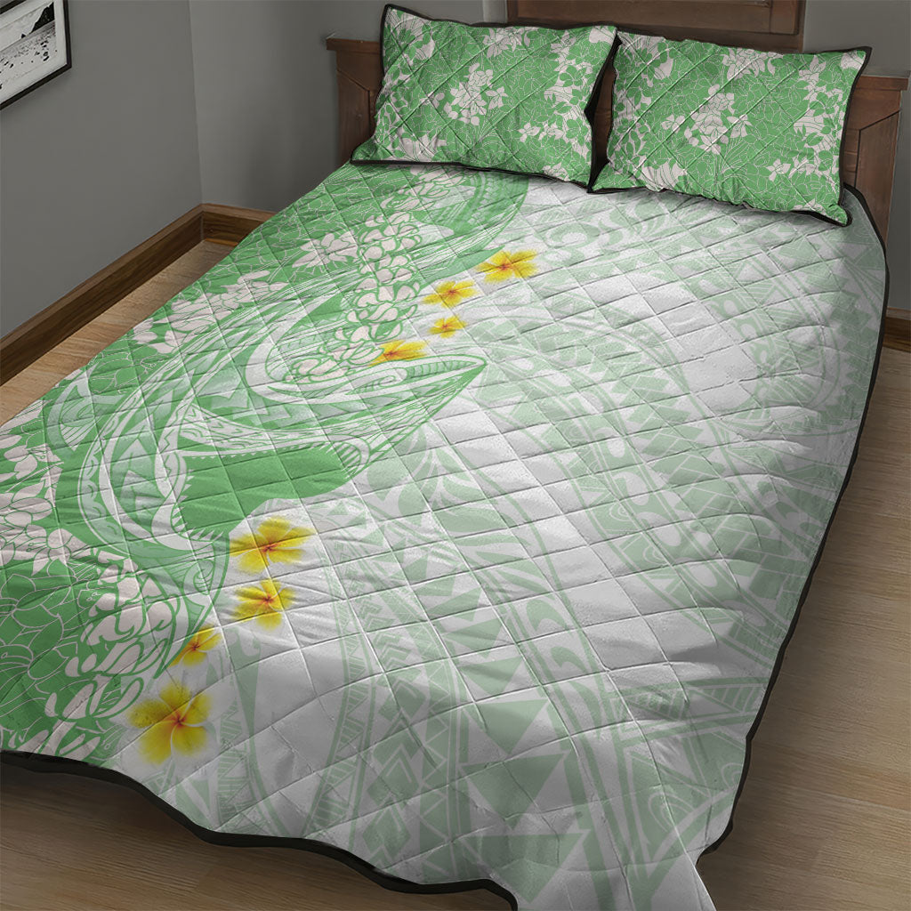 Green Hawaii Shark Tattoo Quilt Bed Set Puakenikeni Lei Plumeria Polynesian Pattern LT14 - Polynesian Pride