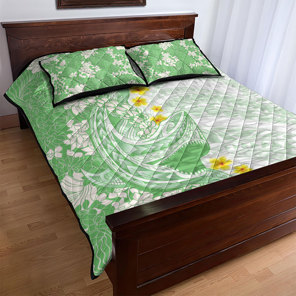 Green Hawaii Shark Tattoo Quilt Bed Set Puakenikeni Lei Plumeria Polynesian Pattern LT14 - Polynesian Pride