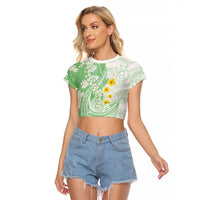 Green Hawaii Shark Tattoo Raglan Cropped T Shirt Puakenikeni Lei Plumeria Polynesian Pattern LT14 Female Green - Polynesian Pride