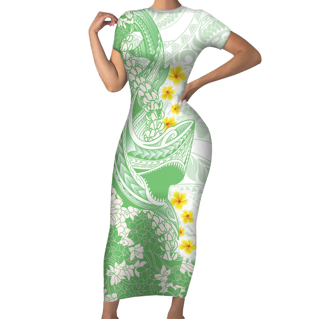 Green Hawaii Shark Tattoo Short Sleeve Bodycon Dress Puakenikeni Lei Plumeria Polynesian Pattern