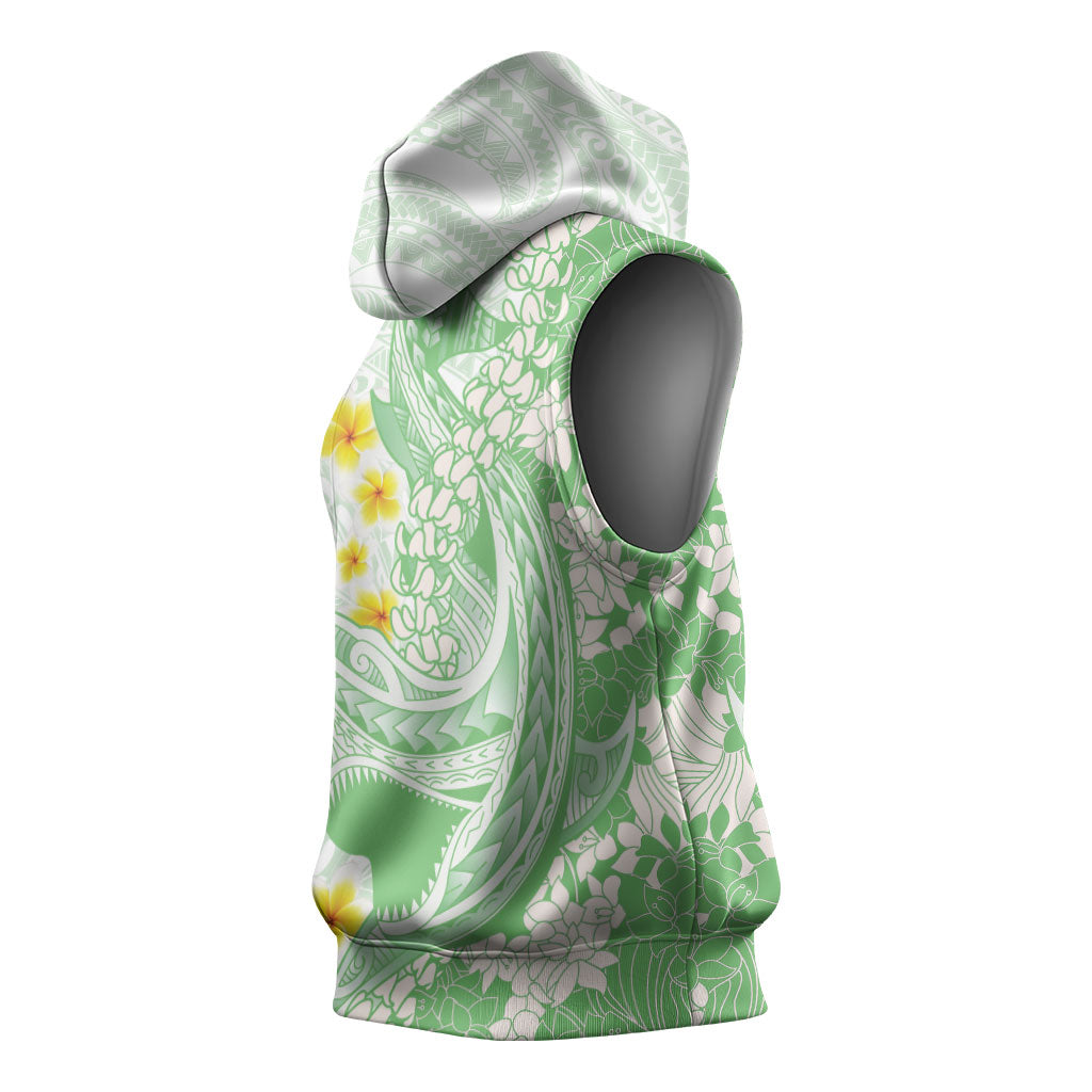 Green Hawaii Shark Tattoo Sleeveless Hoodie Puakenikeni Lei Plumeria Polynesian Pattern LT14 - Polynesian Pride