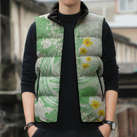 Green Hawaii Shark Tattoo Sleeveless Puffer Jacket Puakenikeni Lei Plumeria Polynesian Pattern LT14 - Polynesian Pride