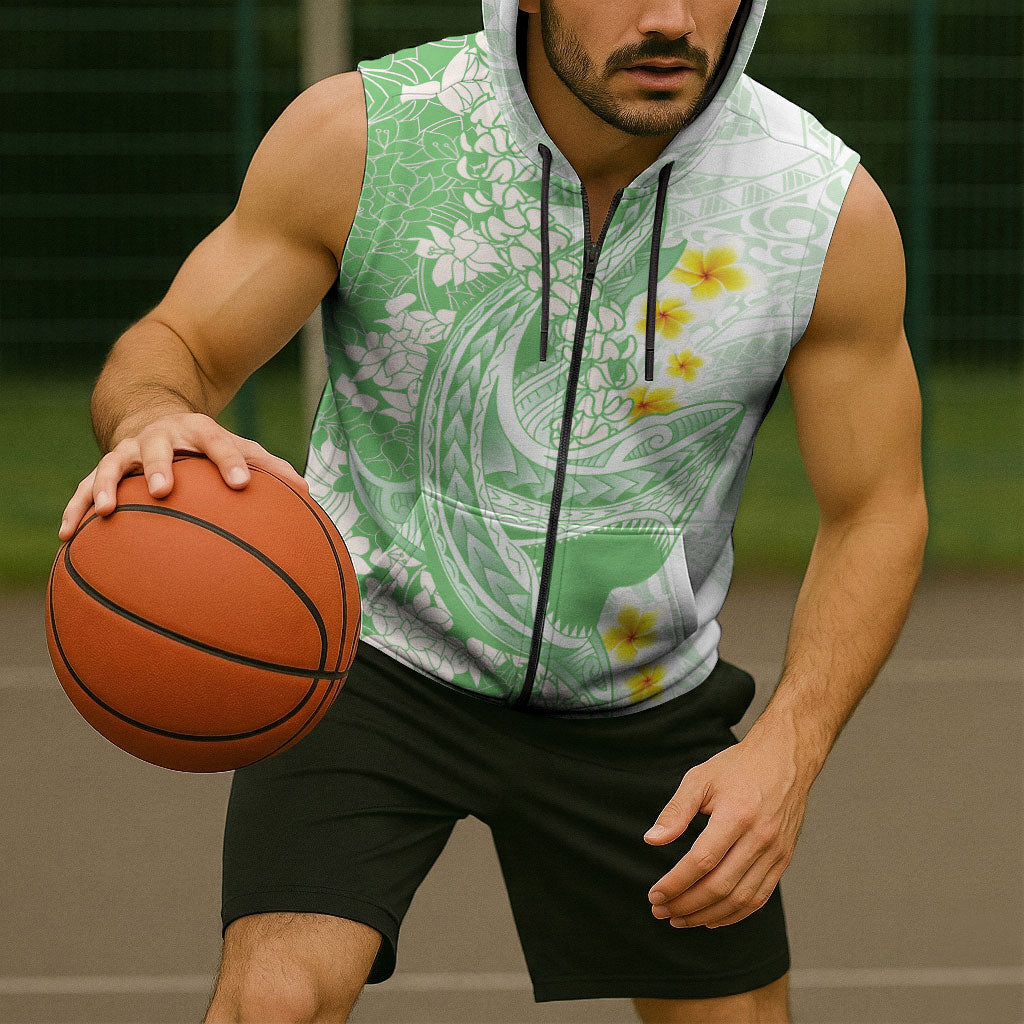 Green Hawaii Shark Tattoo Sleeveless Zip Hoodie Puakenikeni Lei Plumeria Polynesian Pattern LT14 - Polynesian Pride