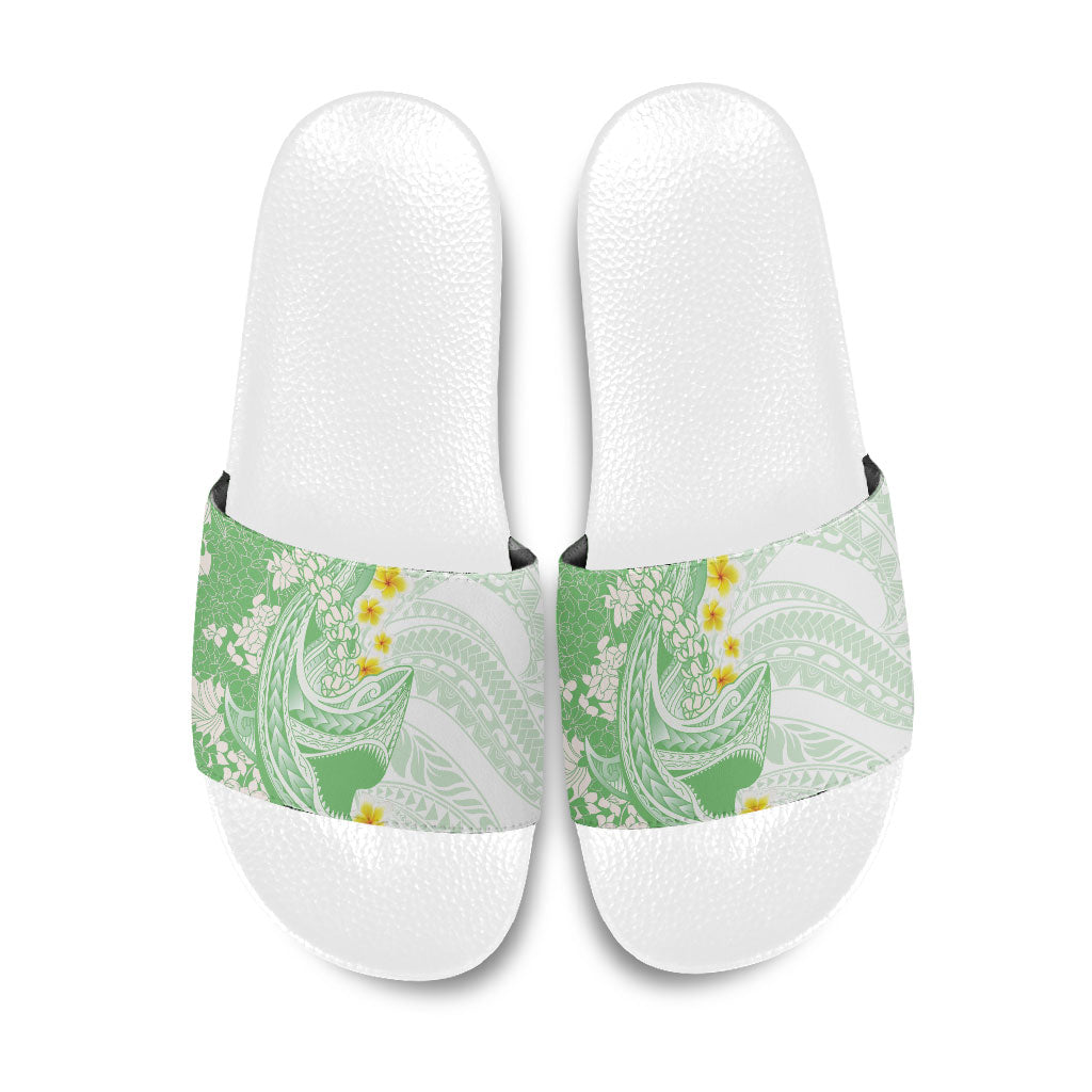 Green Hawaii Shark Tattoo Slide Sandals Puakenikeni Lei Plumeria Polynesian Pattern