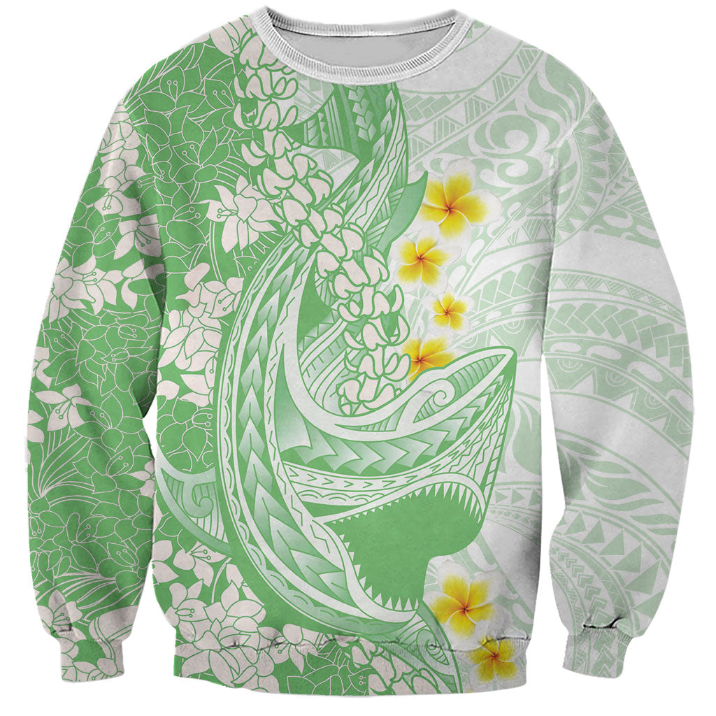 Green Hawaii Shark Tattoo Sweatshirt Puakenikeni Lei Plumeria Polynesian Pattern