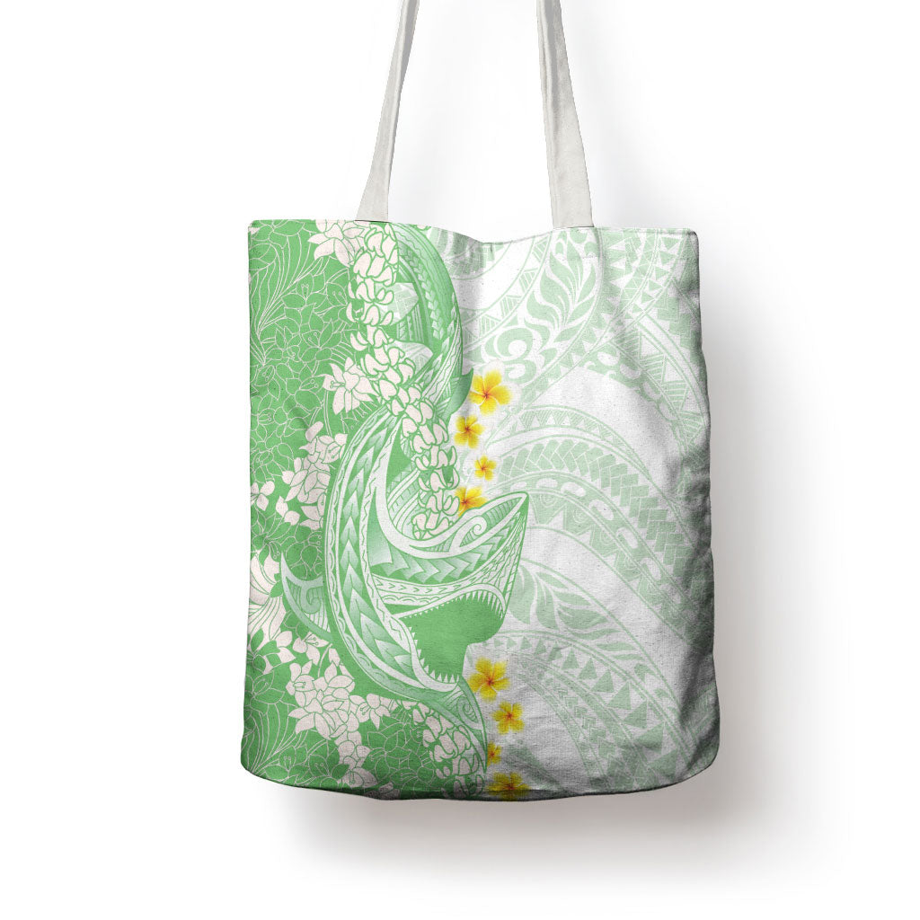 Green Hawaii Shark Tattoo Tote Bag Puakenikeni Lei Plumeria Polynesian Pattern