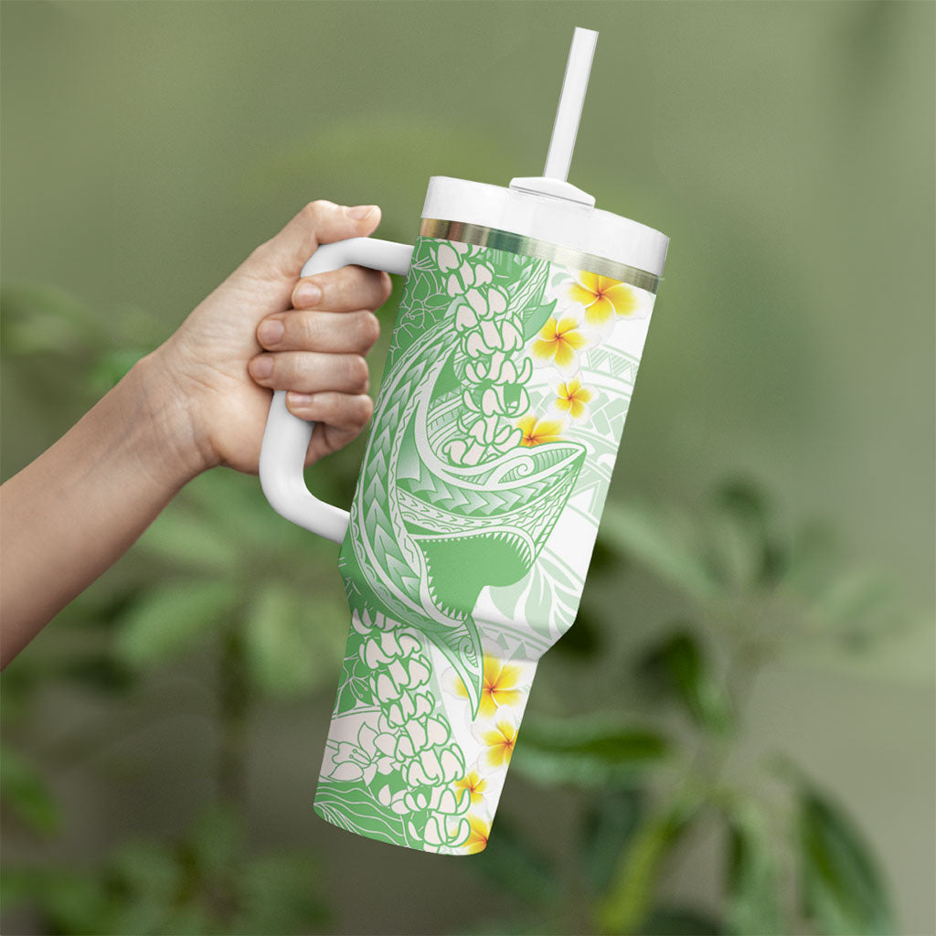 Green Hawaii Shark Tattoo Tumbler With Handle Puakenikeni Lei Plumeria Polynesian Pattern