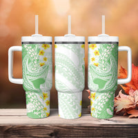 Green Hawaii Shark Tattoo Tumbler With Handle Puakenikeni Lei Plumeria Polynesian Pattern