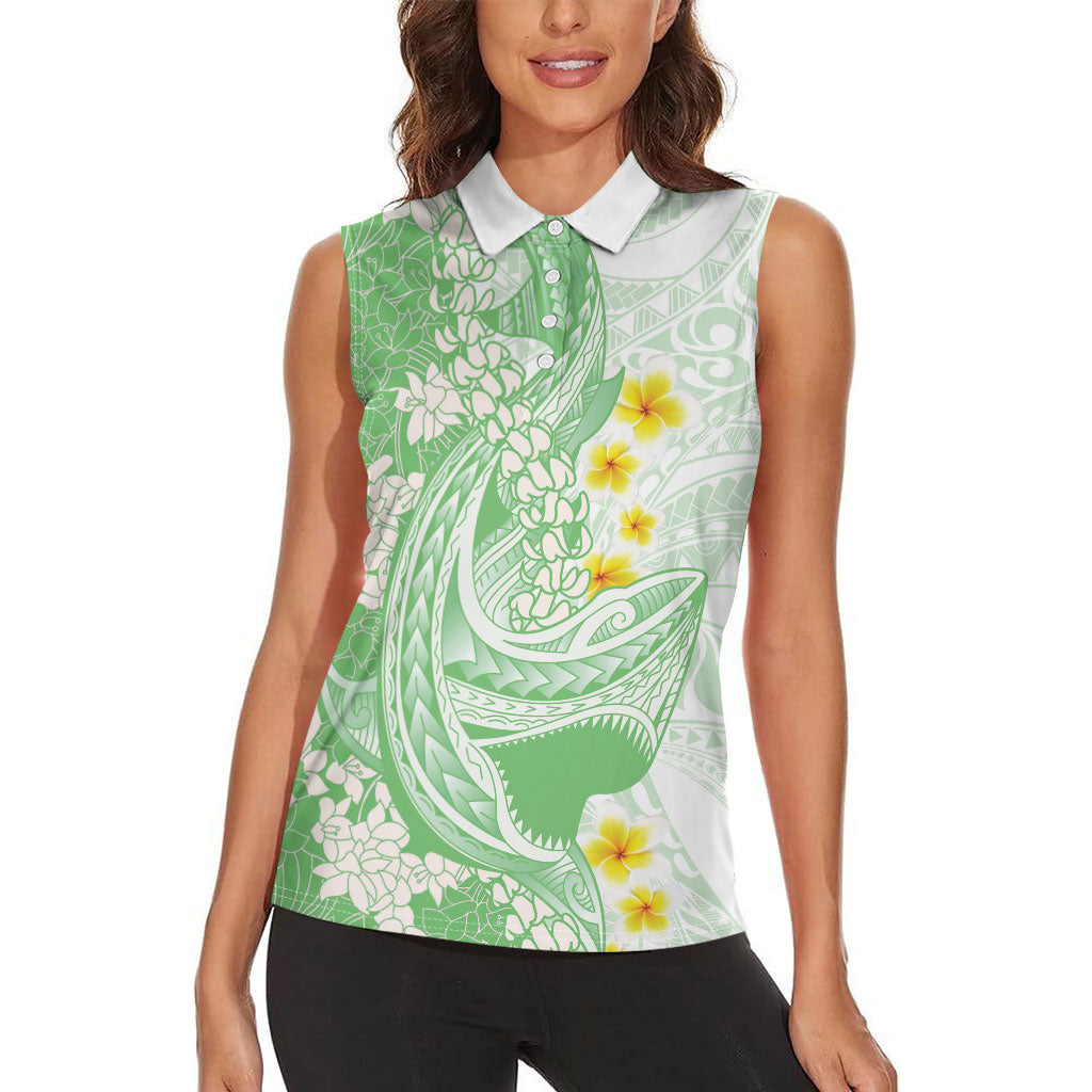 Green Hawaii Shark Tattoo Women Sleeveless Polo Shirt Puakenikeni Lei Plumeria Polynesian Pattern LT14 - Polynesian Pride
