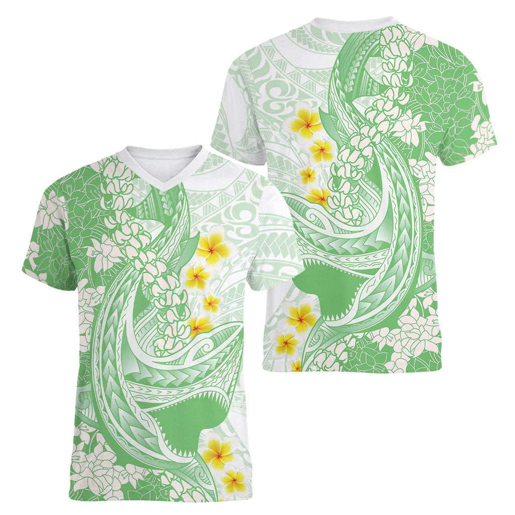 Green Hawaii Shark Tattoo Women V-Neck T-Shirt Puakenikeni Lei Plumeria Polynesian Pattern LT14 - Polynesian Pride