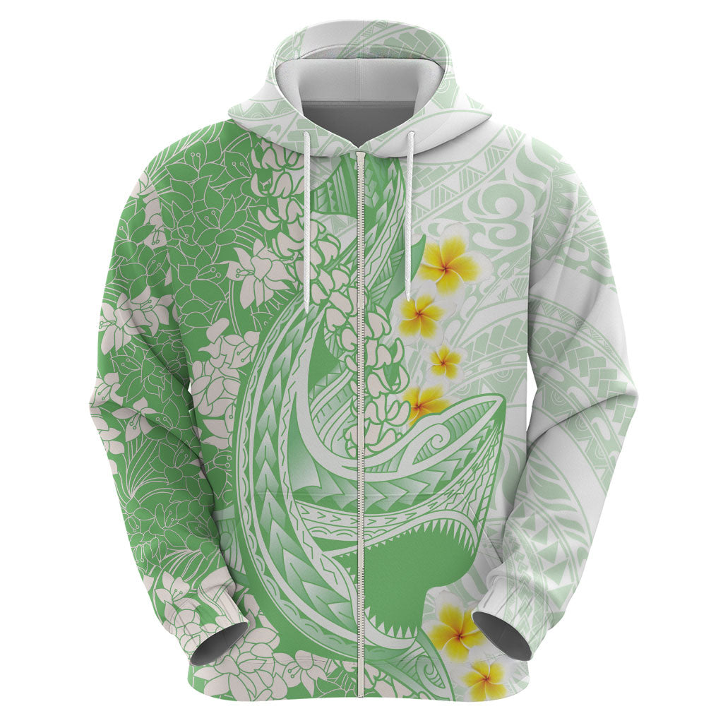 Green Hawaii Shark Tattoo Zip Hoodie Puakenikeni Lei Plumeria Polynesian Pattern