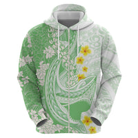 Green Hawaii Shark Tattoo Zip Hoodie Puakenikeni Lei Plumeria Polynesian Pattern