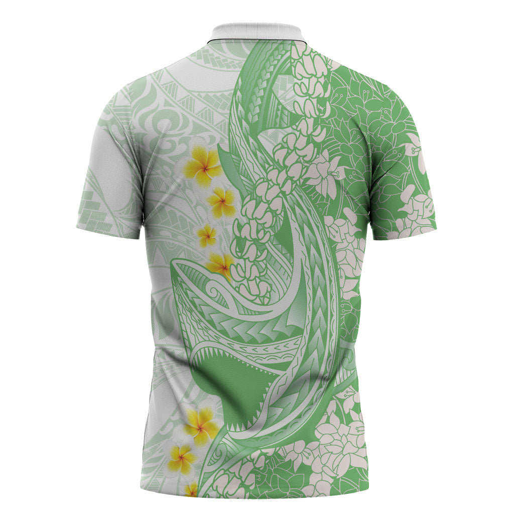 Green Hawaii Shark Tattoo Zipper Polo Shirt Puakenikeni Lei Plumeria Polynesian Pattern LT14 - Polynesian Pride