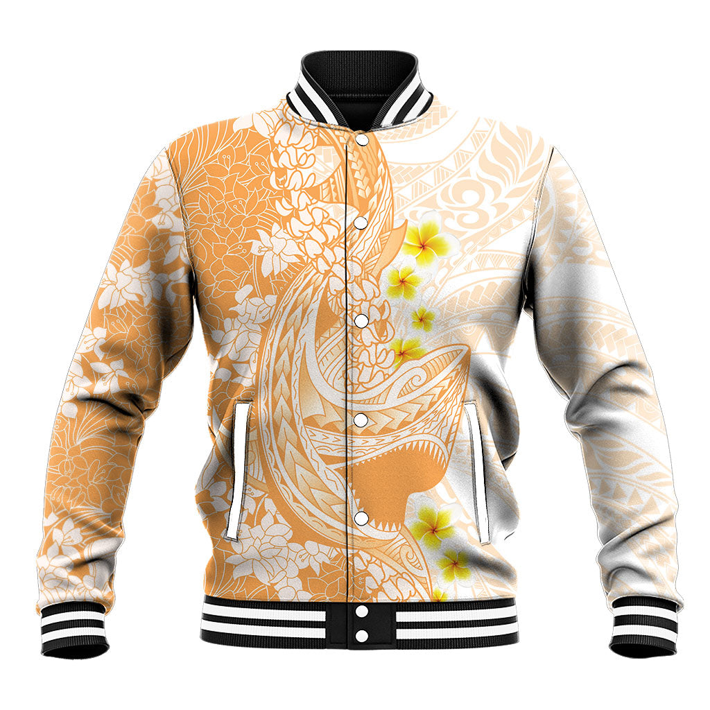 Orange Hawaii Shark Tattoo Baseball Jacket Puakenikeni Lei Plumeria Polynesian Pattern