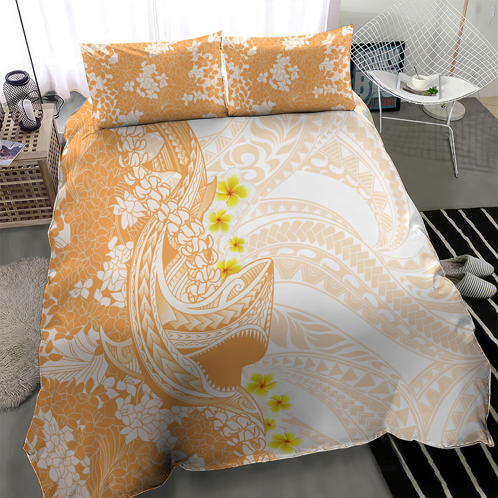Orange Hawaii Shark Tattoo Bedding Set Puakenikeni Lei Plumeria Polynesian Pattern