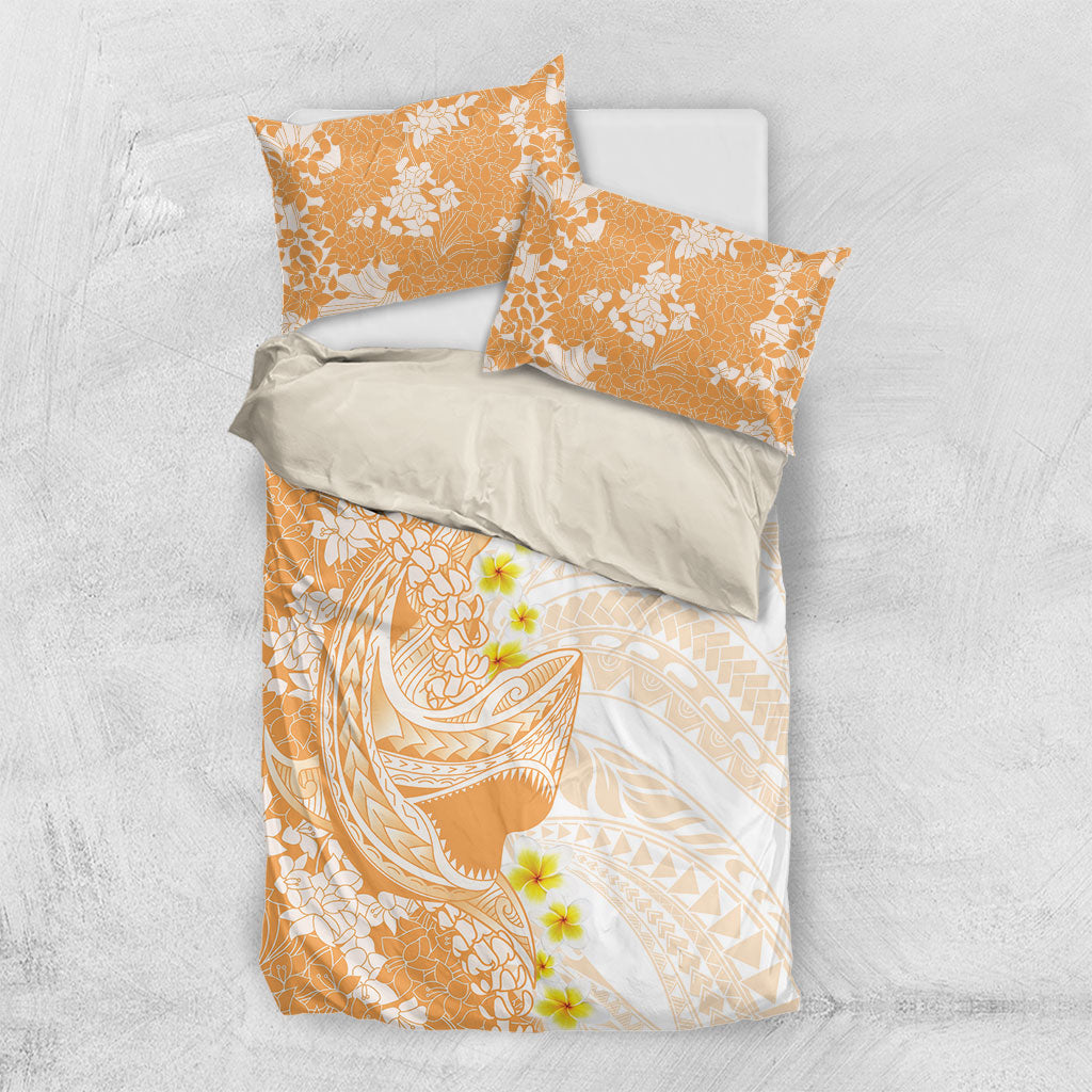 Orange Hawaii Shark Tattoo Bedding Set Puakenikeni Lei Plumeria Polynesian Pattern