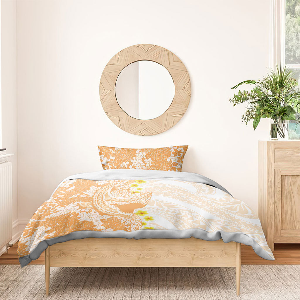 Orange Hawaii Shark Tattoo Bedding Set Puakenikeni Lei Plumeria Polynesian Pattern