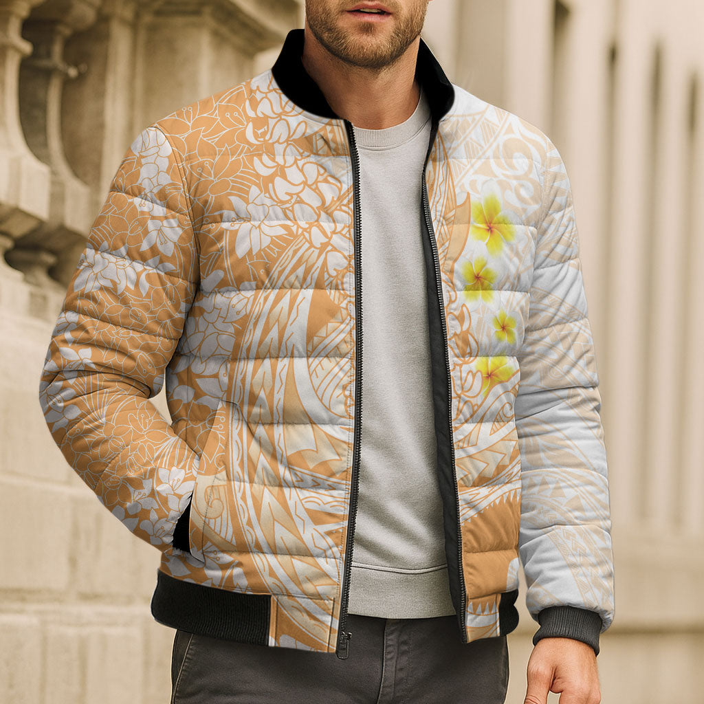 Orange Hawaii Shark Tattoo Bomber Puffer Jacket Puakenikeni Lei Plumeria Polynesian Pattern