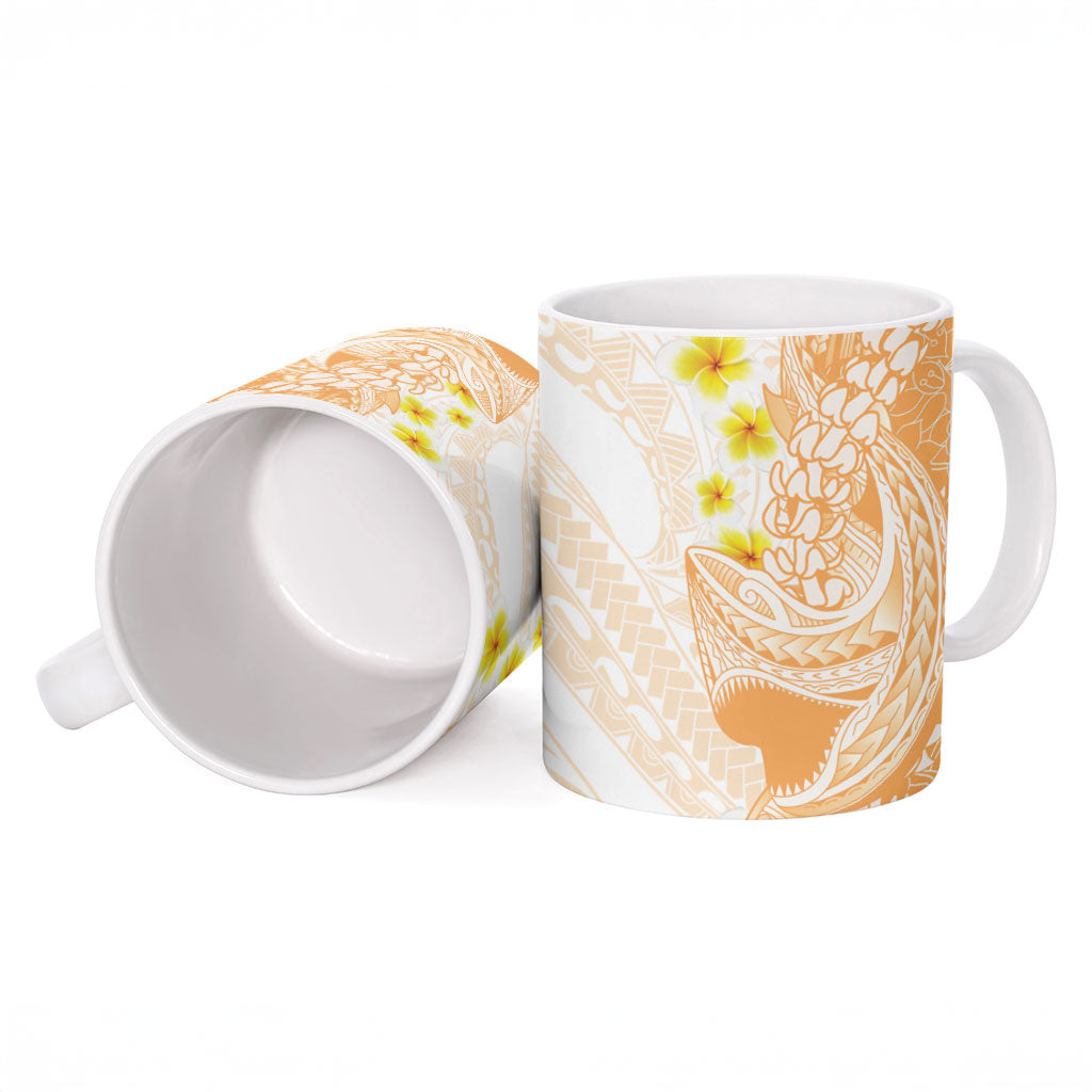 Orange Hawaii Shark Tattoo Ceramic Mug Puakenikeni Lei Plumeria Polynesian Pattern