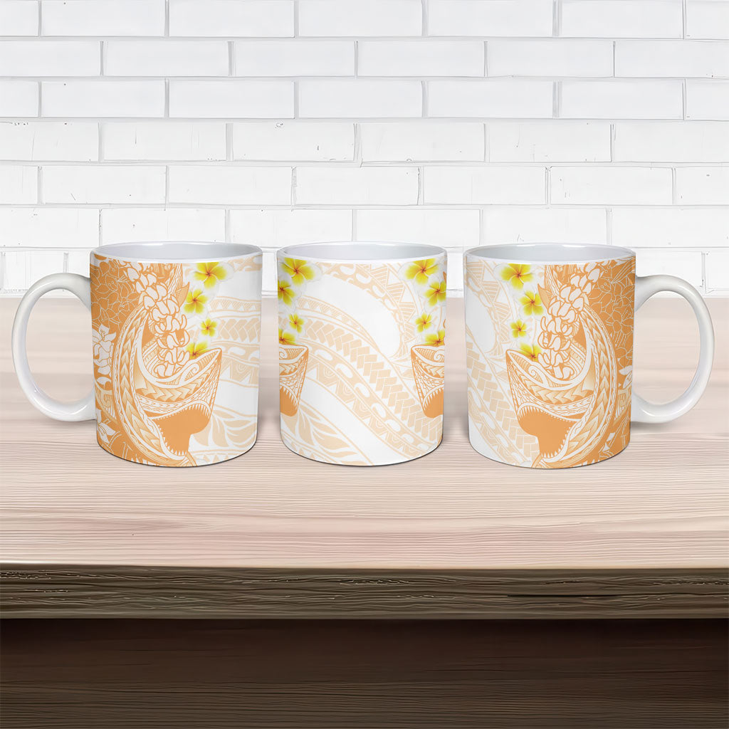 Orange Hawaii Shark Tattoo Ceramic Mug Puakenikeni Lei Plumeria Polynesian Pattern